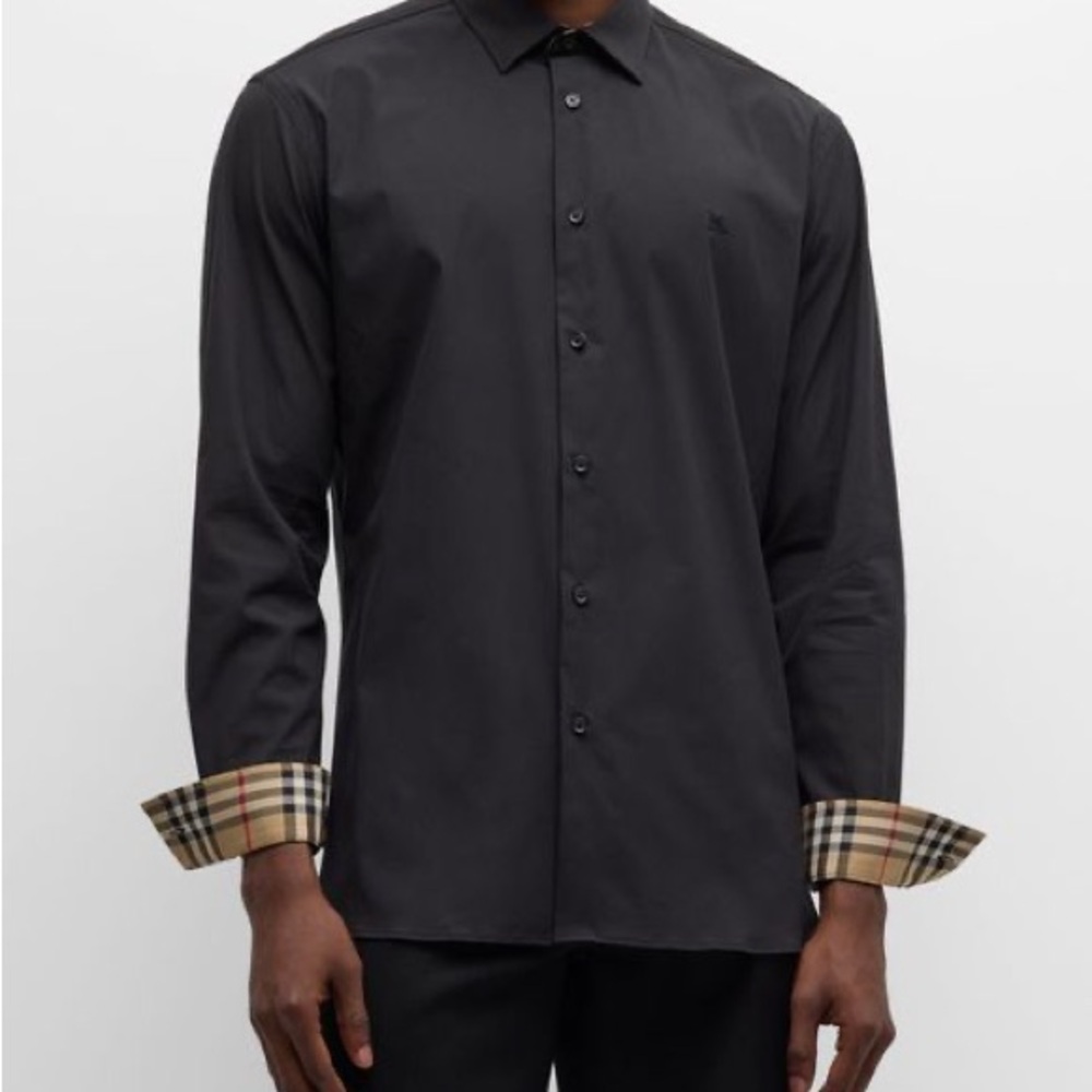 Burberry Black Dress Shirt with Plaid Cuffs